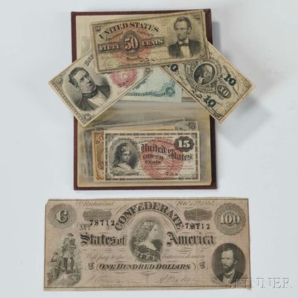 Assortment of Fractional Currency and a Confederate $100 Note