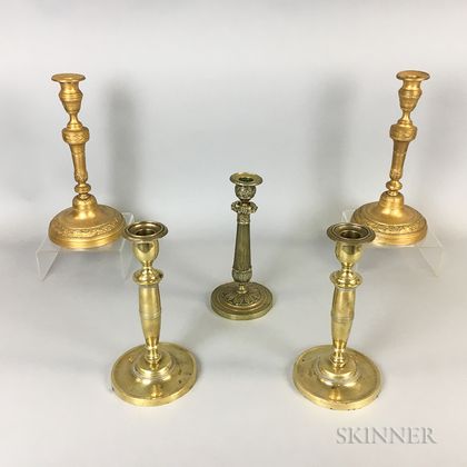 Five French Brass Candlesticks
