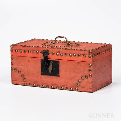 Salmon-painted and Tack-decorated Pine Document Box