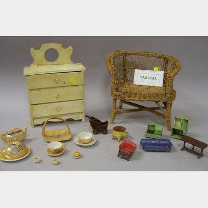 Three-Piece Rope and Wicker Doll Furniture Set, a Collection of Cast Metal Doll House Accessories and Furniture, a Toy Painted Chest of