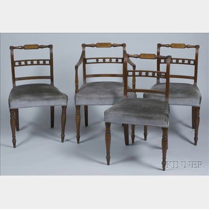 Set of Seven Regency Upholstered Inlaid Carved Mahogany Dining Chairs
