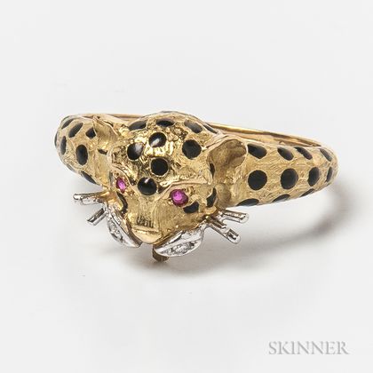 14kt Gold, Diamond, Ruby, and Enamel Leopard Ring