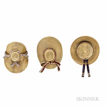 Suite of Three 18kt Gold Straw Hat Brooches