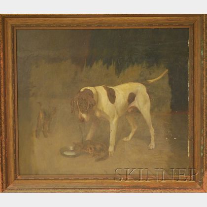 Attributed to Albert van Mechelen (Belgian, b. 1867) Hunting Dog and Two Cats with Saucer of Milk.