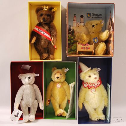 Five Steiff Mohair Teddy Bears in Original Boxes