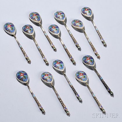 Twelve Russian .875 Silver-gilt and Enamel Coffee Spoons
