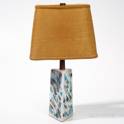 Martz Pottery and Teak Table Lamp with Woven Fiber Shade