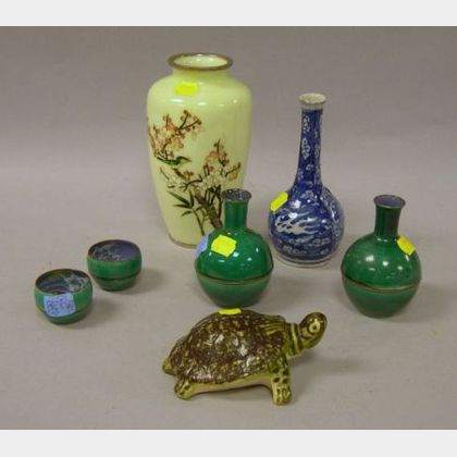 Six Asian Porcelain Articles and a Cloisonne Vase. 