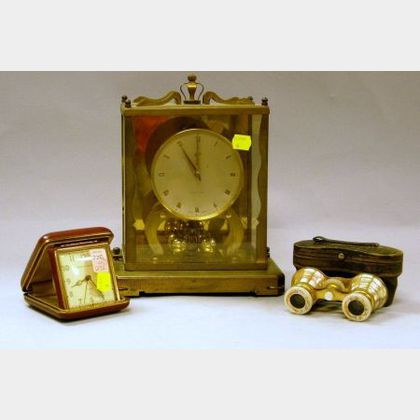 Schatz Brass and Glass Mantel Clock, Phinney-Walker Travel Clock, and a Pair of Mother-of-Pearl Opera Glasses