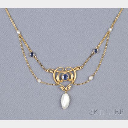 Art Nouveau 14kt Gold, Sapphire and Freshwater Pearl Necklace, Krementz & Co.