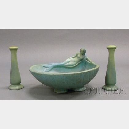 Van Briggle "Siren of the Sea" Centerbowl and a Pair of Candlesticks