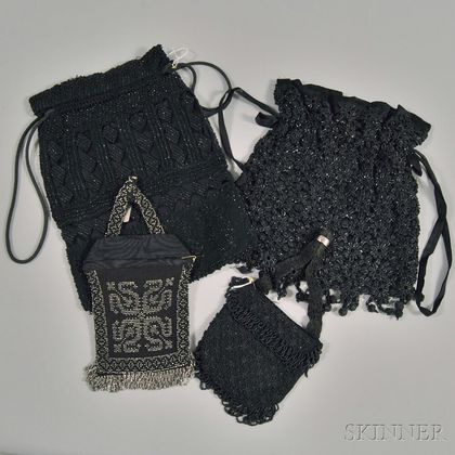 Four Black Beaded and Crocheted Purses