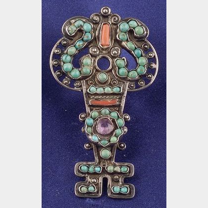Sterling Silver, Turquoise, Coral, and Amethyst Key Brooch, Matl, Taxco