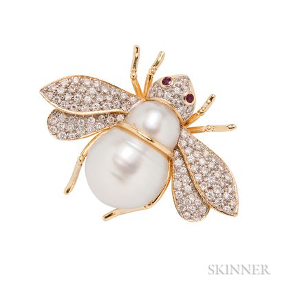 18kt Gold, Baroque Cultured Pearl, and Diamond Bee Pendant/Brooch