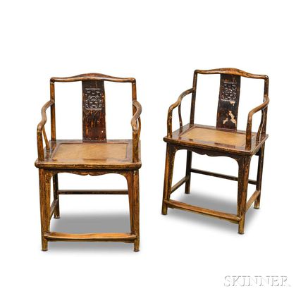Pair of Lacquered Hardwood Low-back Armchairs