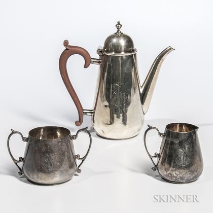 English Sterling Silver Coffeepot and Arts and Crafts English Sterling Silver Creamer and Sugar Set