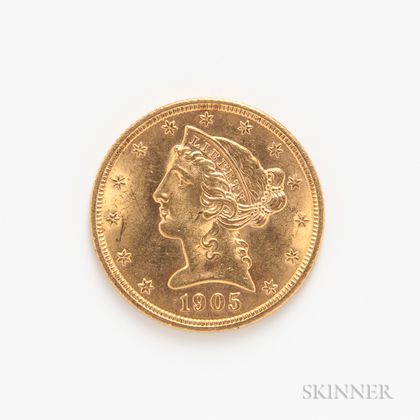 1905 $5 Liberty Head Gold Coin. Estimate $300-400