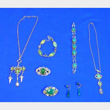 Seven European Silver and Green Stone Jewelry Items