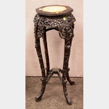 Chinese Marble-inset Carved Hardwood Stand. 