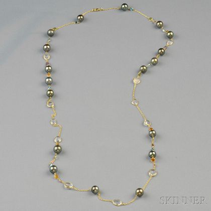 18kt Gold, Tahitian Pearl, and Gem-set Necklace