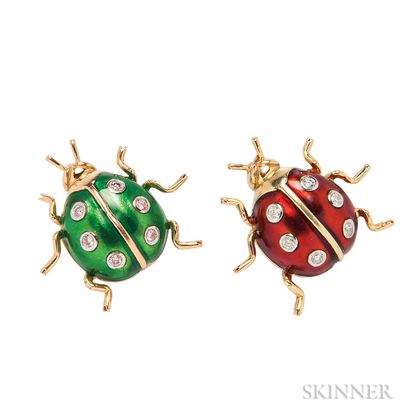Two 18kt Gold and Enamel Ladybug Pins