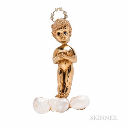 Ruser 14kt Gold and Cultured Pearl "Sabbath Child" Brooch