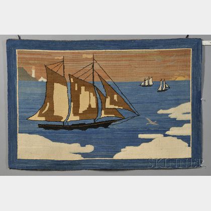 Grenfell Pictorial Hooked Rug with Arctic Sailing Vessels, Icebergs, and Distant Lighthouse, 