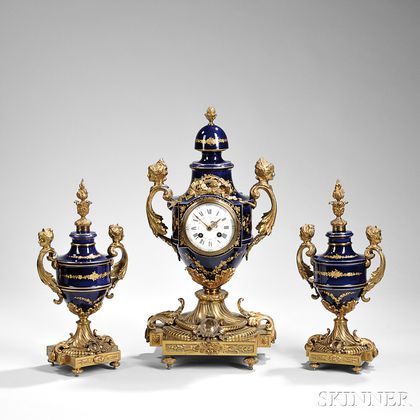 Sevres-style Three-piece Gilt-bronze Clock Garniture