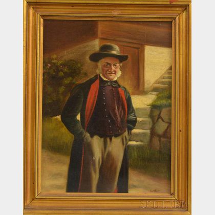 Austrian School, 19th/20th Century Portrait of a Smiling Gentleman by a Stairway