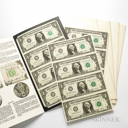 Five 1985 Uncut Sheets of Four $1 Federal Reserve Notes. Estimate $40-60