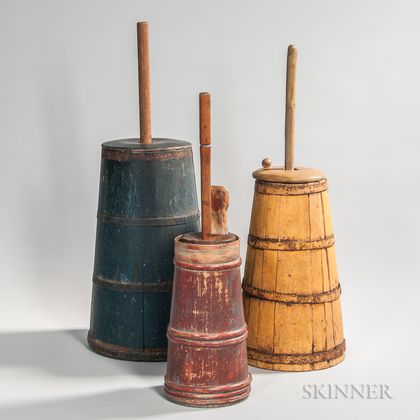 Three Painted Hoop- and Stave-constructed Butter Churns