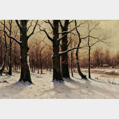 Walter Moras (German, c. 1856-1925) Sunlight through Trees in Winter