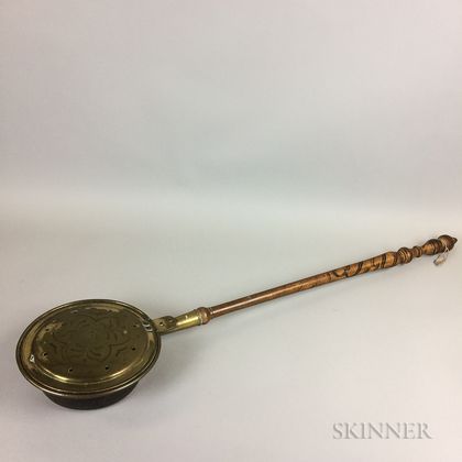 Paint-decorated Wood and Brass Bedwarmer, a Cutlery Tray, and a Brass Hook. Estimate $100-150