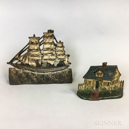 Polychrome Cast Iron Cottage and Ship Doorstops