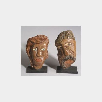 Two Polychromed Painted David Marshall Stone Carved Heads