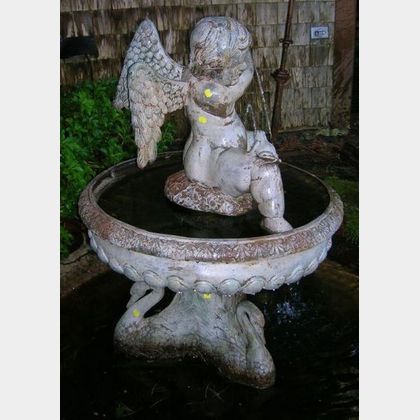 Cast Iron Winged Putto with Turtle and Frog Figural Fountain with Swans Base
