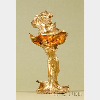 French Art Nouveau Gilt Bronze Figural Lamp, "Loie Fuller" by Raoul Larche (1860-1912)