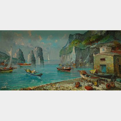 Framed Oil on Canvas of an Italian Coastal View