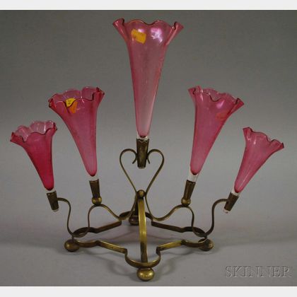 Etched Cranberry Art Glass and Metal Epergne