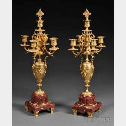 Pair of Gilt-bronze and Rouge Marble Five-light Candelabra