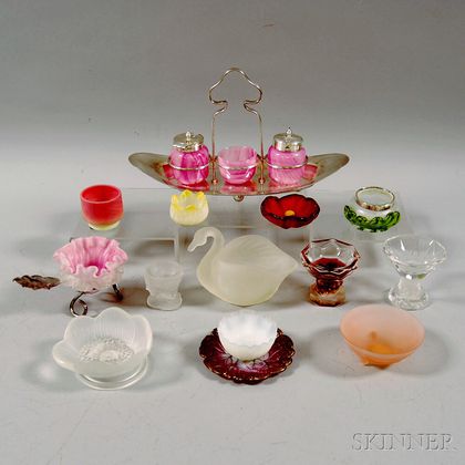 Twelve Art Glass Salts and a Metal-mounted Condiment Set