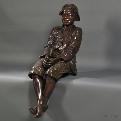 Goldscheider Life-size Painted Terra-cotta Figure of a Seated Boy