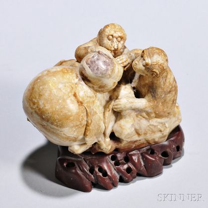 Chinese Soapstone Longevity Carving, 20th century, designed as two monkeys inspecting a peach, a sign of longevity and immortality, ht.