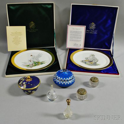 Two Boehm Bird Chargers, Two Cloisonne Boxes, and Four Glass Vanity Items