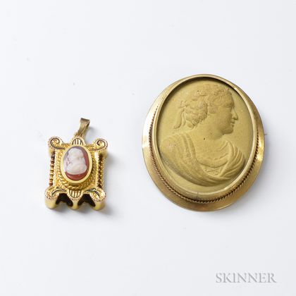 Lava Cameo Brooch and 14kt Gold Cameo Slide Pendant