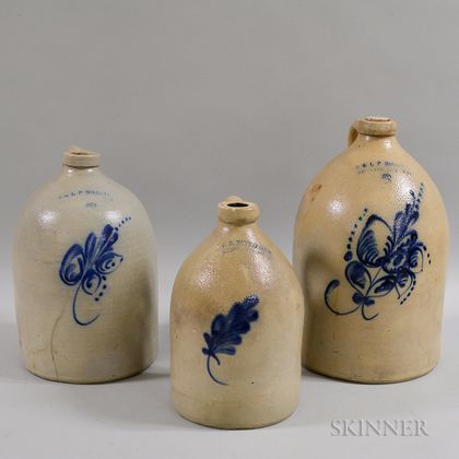 Three Norton Cobalt Floral-decorated Stoneware Jugs