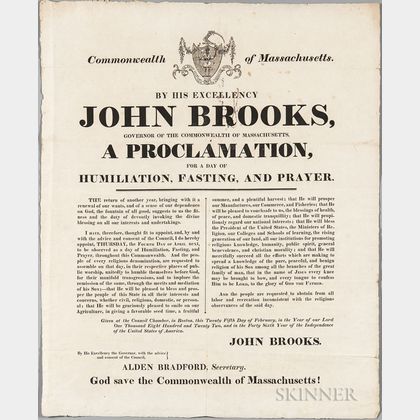 Commonwealth of Massachusetts, Four Broadsides Issued by Governor John Brooks, 1820s.