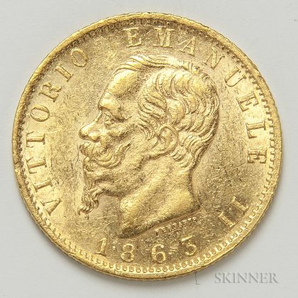 1863 Italian 20 Lire Gold Coin