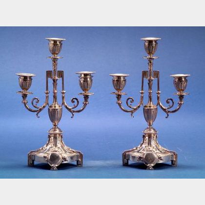 Pair of French .950 Silver Neoclassical Style Three Light Candelabra