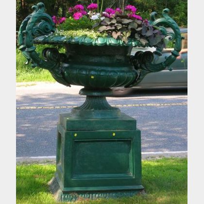 Large Green Painted Two-part Cast Iron Four-handled Garden Urn on Pedestal Base